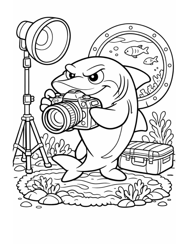 shark taking underwater photos coloring page with a camera, studio light, and porthole window scene coloring page