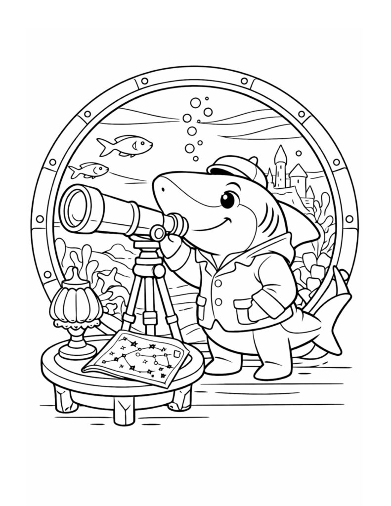 shark using telescope by porthole coloring page with a tripod, map on a table, and underwater castle view coloring page