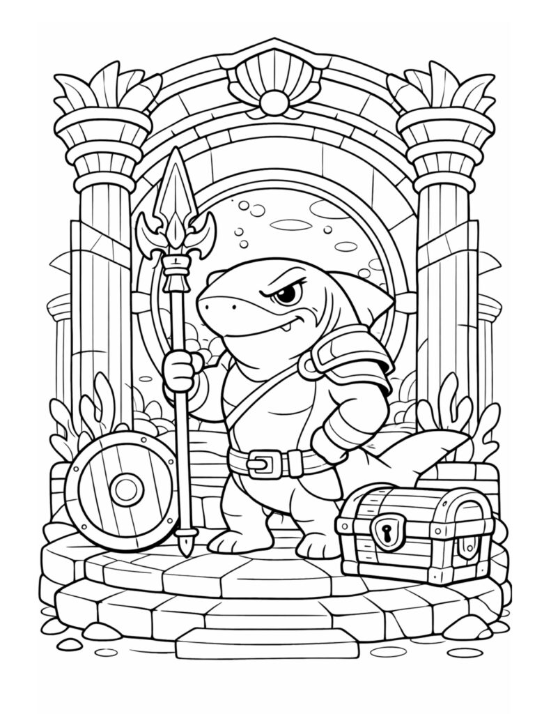 shark warrior guarding treasure chest coloring page with a spear, shield, and underwater ruins coloring page