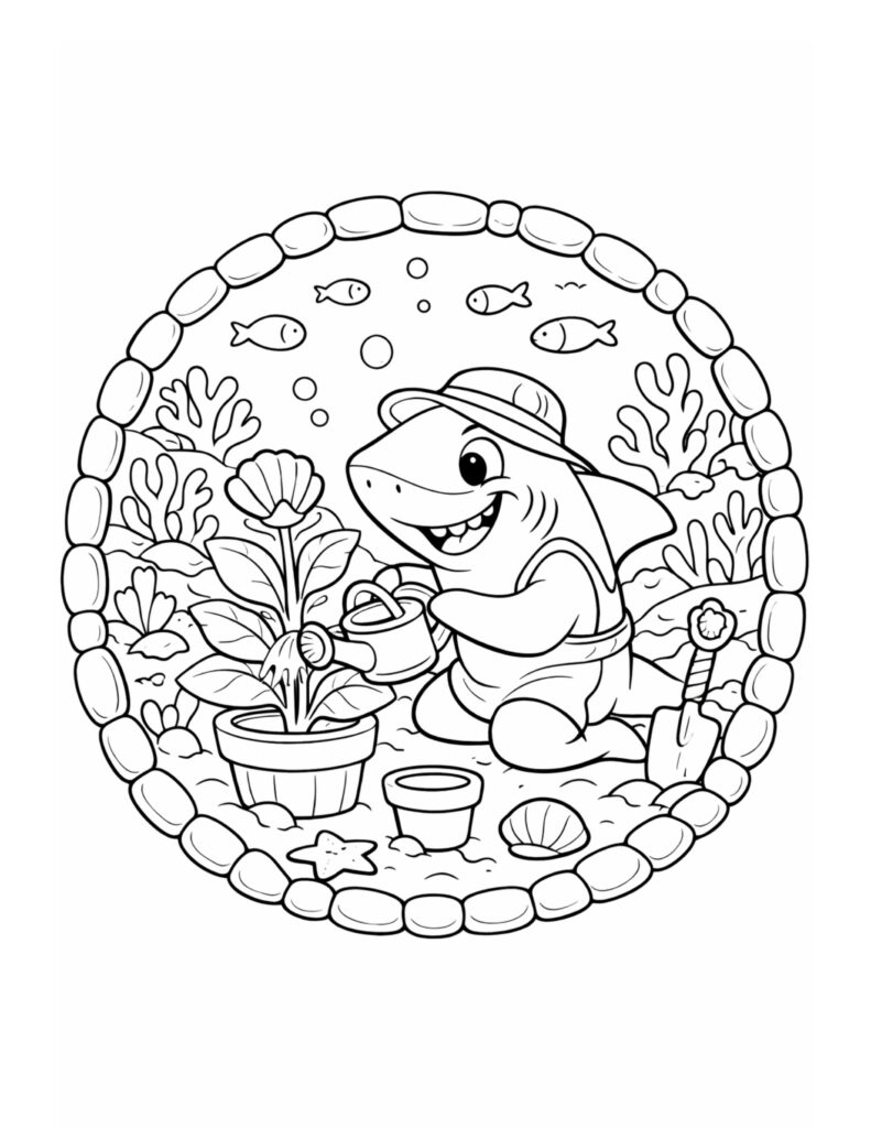 shark watering plants underwater coloring page with a smiling shark gardening under the sea coloring page