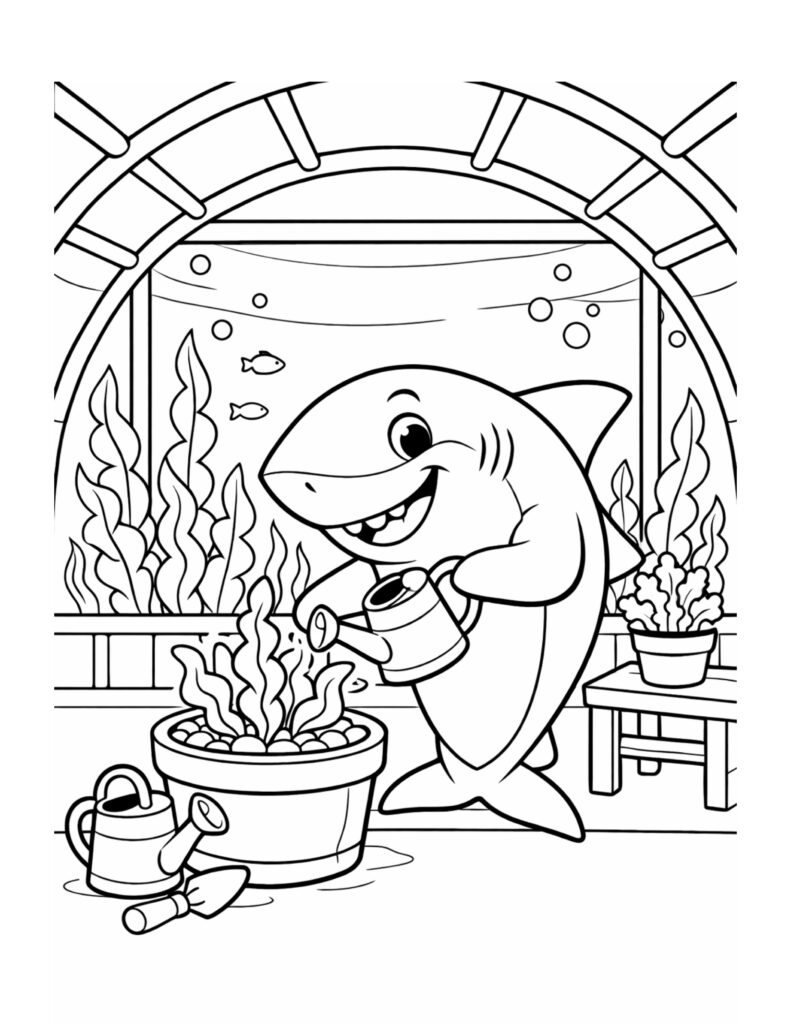 shark watering potted sea plants coloring page with a smiling shark using a watering can in an underwater garden coloring page