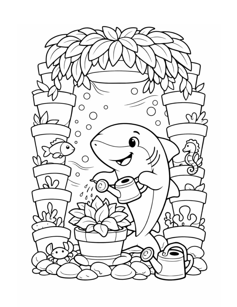 shark watering potted succulents coloring page with a smiling shark using a watering can in a plant arch coloring page