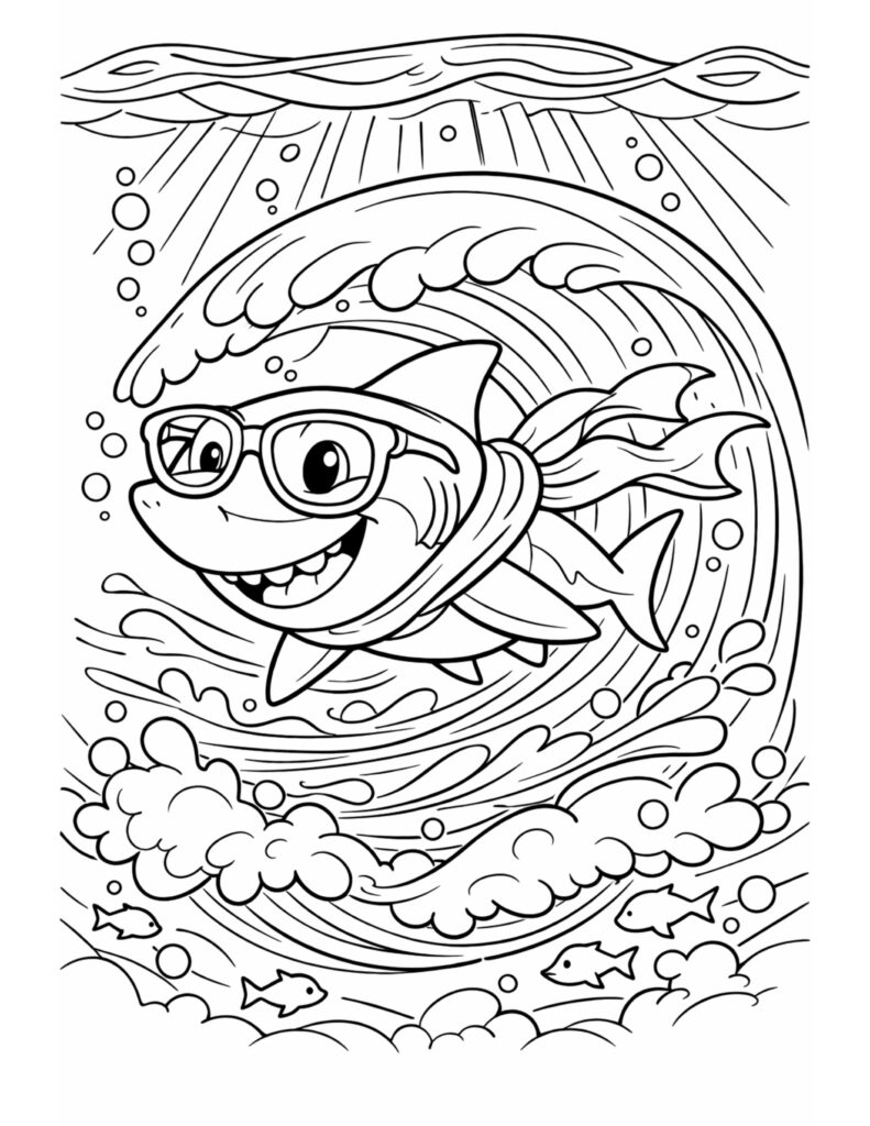 shark wearing glasses surfing wave coloring page with a smiling shark riding a curling wave and sea bubbles