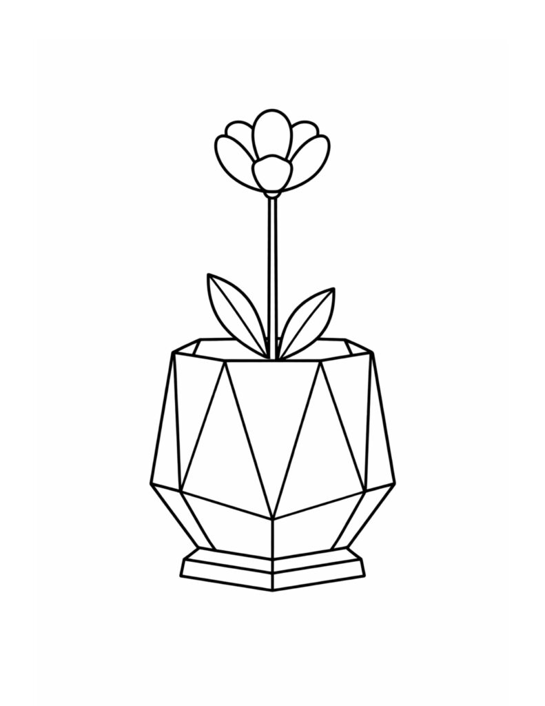 single flower in geometric planter coloring page with one tall stem, two leaves, and faceted pot line art coloring page