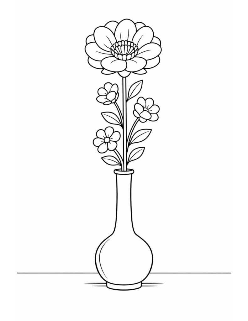 single flower in slim vase coloring page featuring a tall bloom, small side flowers, and a rounded glass vase coloring page