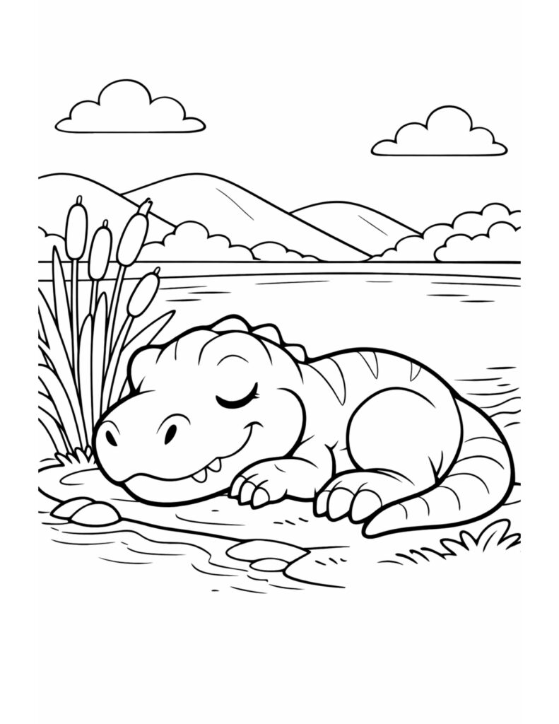 sleeping baby dinosaur by lake coloring page showing a cute dinosaur resting near water and reeds, coloring page