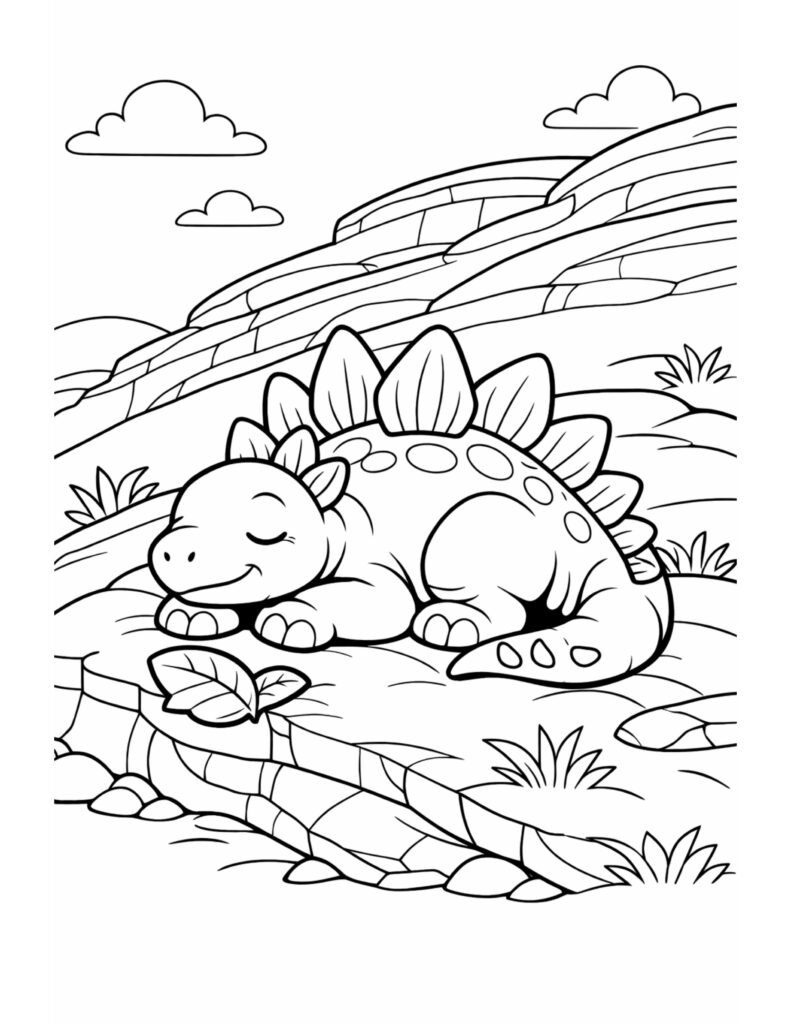 sleeping stegosaurus on rocky ledge coloring page with hills clouds and small plants coloring page Image File Name: