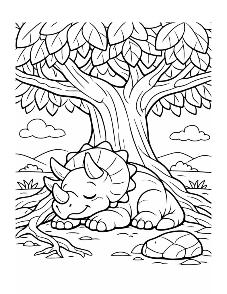 sleeping triceratops under tree coloring page with a cute dinosaur napping by big roots, coloring page