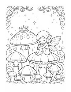 sleepy fairy on mushroom coloring page with a cute fairy, crown-topped mushroom, swirls, and stars coloring page