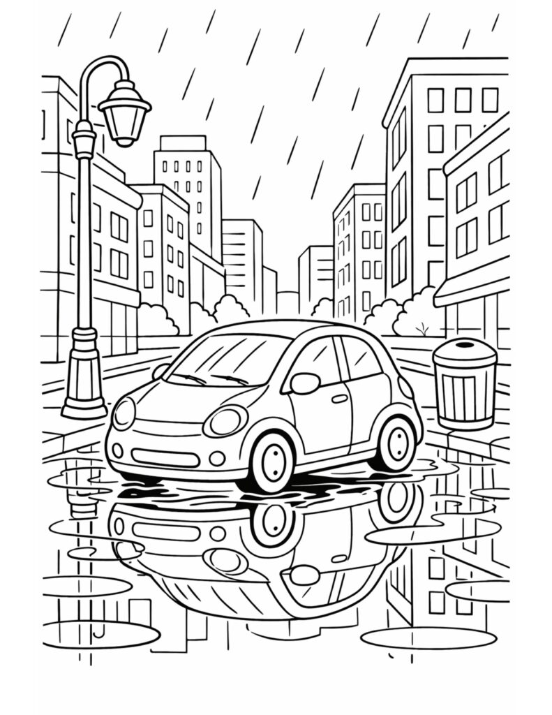 small car driving rainy city coloring page with puddle reflections, buildings, and falling rain coloring page