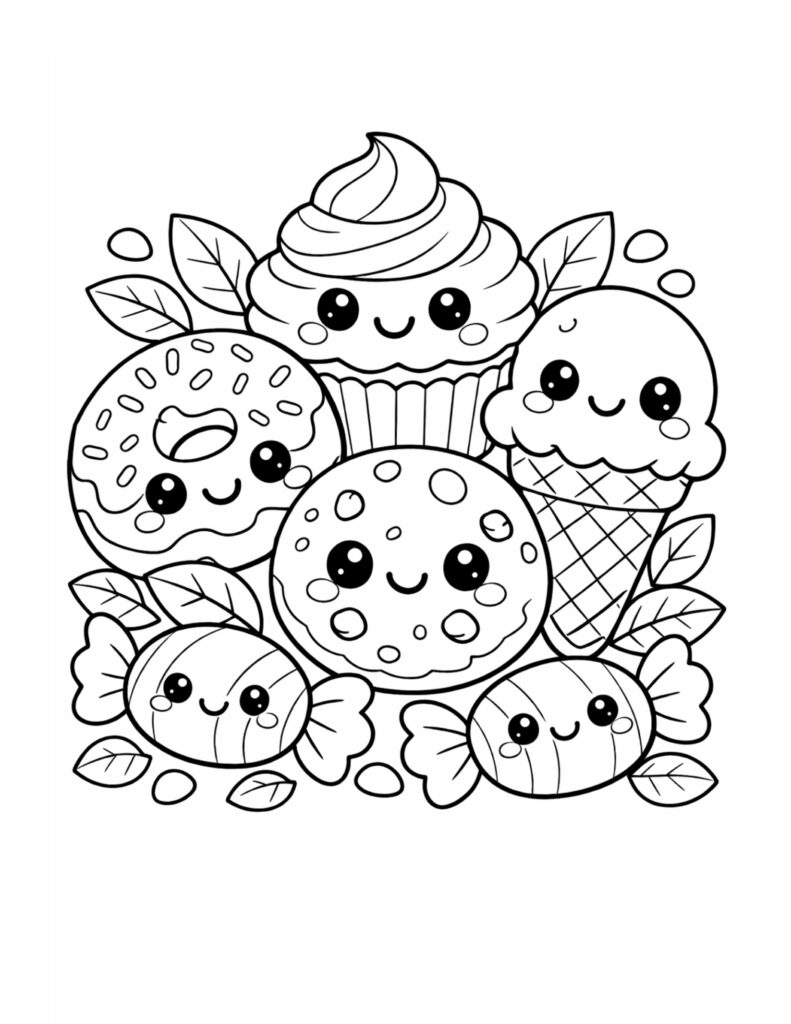 smiling dessert friends cluster coloring page with cupcake donut ice cream and candies coloring page