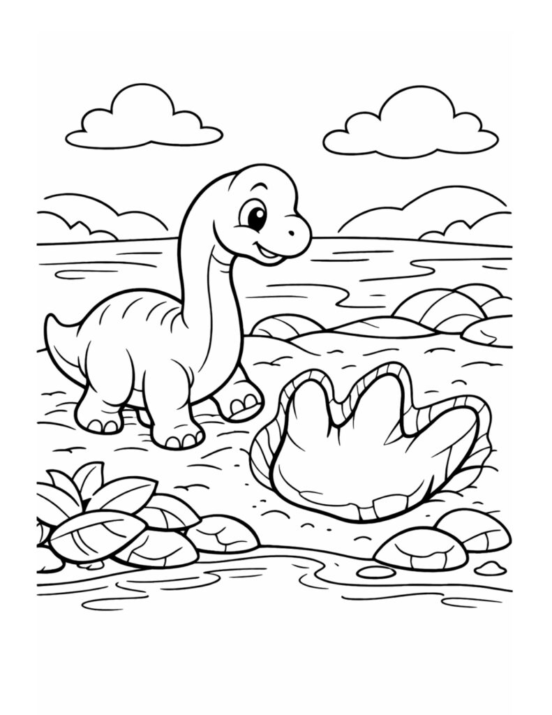smiling dinosaur by giant footprint coloring page by a calm lake with clouds and a friendly turtle coloring page
