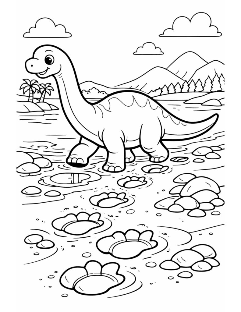 smiling dinosaur walking through river coloring page with mountain background and big footprints, coloring page