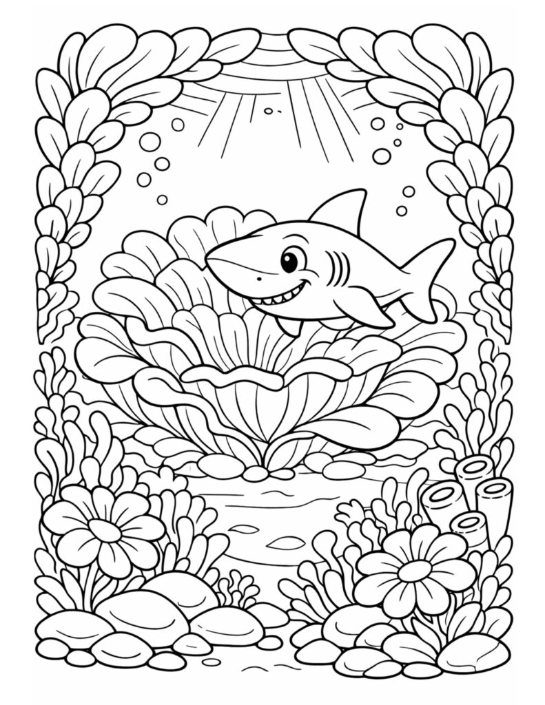 smiling shark above coral reef coloring page with sun rays, bubbles, and leafy sea plants around the scene coloring page