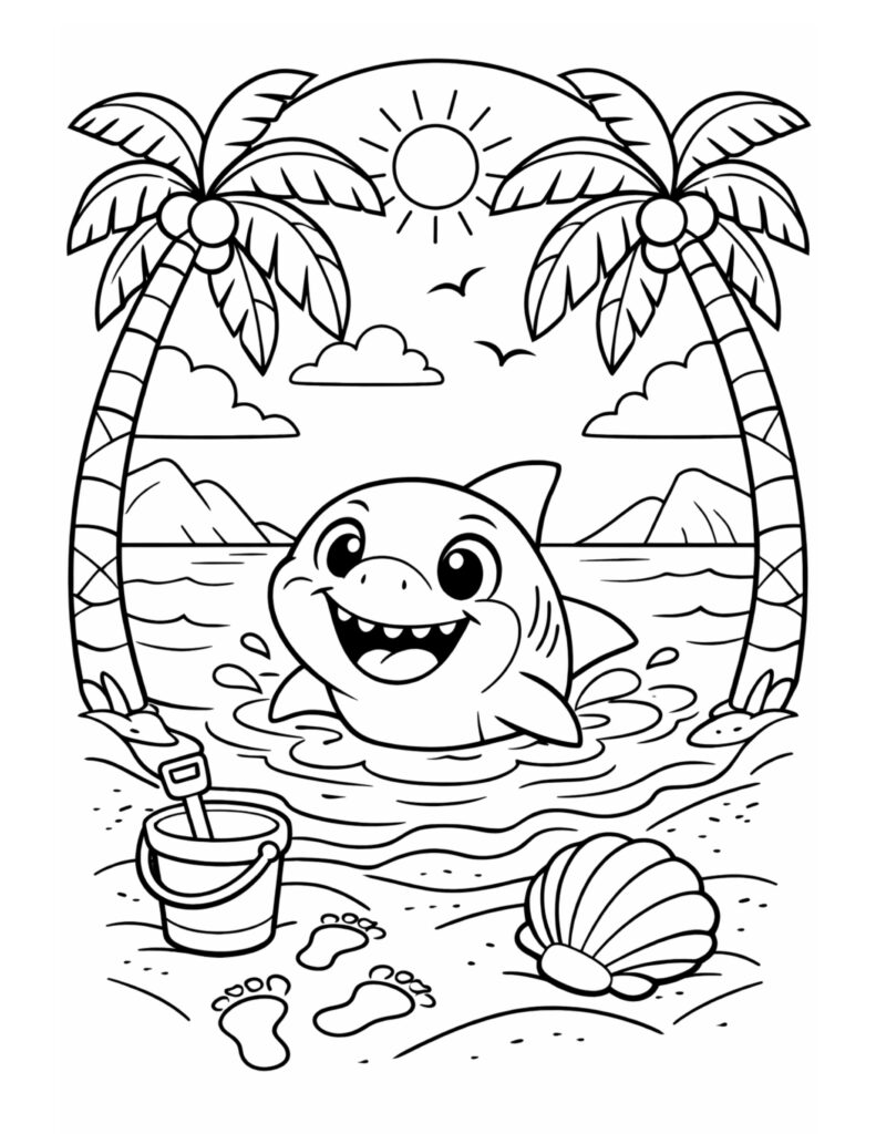 smiling shark at tropical beach coloring page with palm trees, ocean water, sand bucket, and seashell