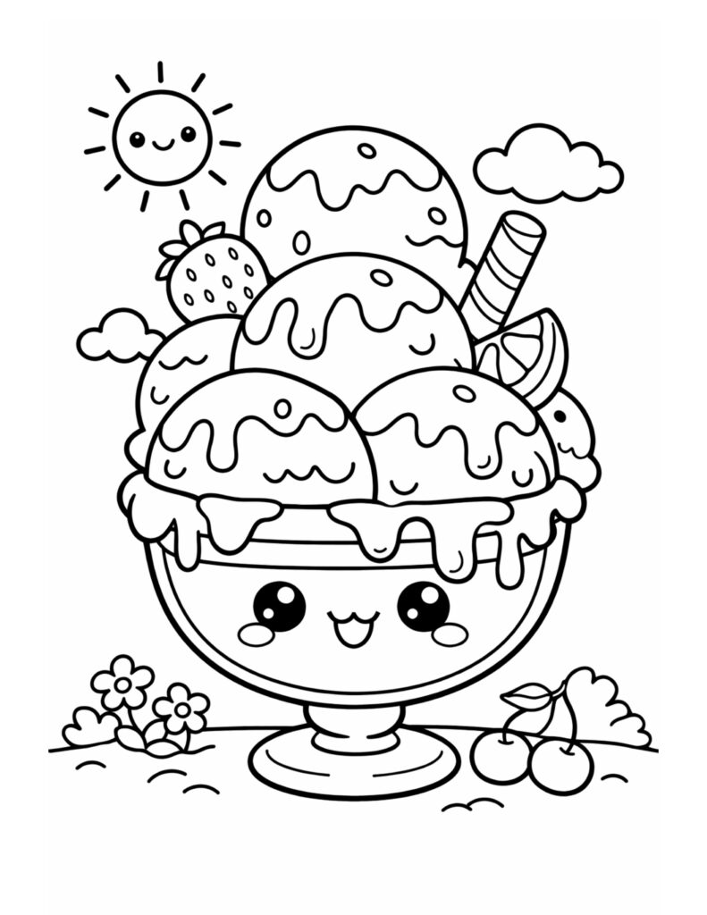 smiling sundae bowl with sun coloring page with dripping scoops, fruit, wafer stick, and cute face coloring page