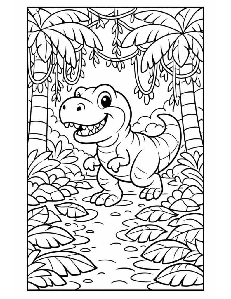 smiling t rex in jungle coloring page with palm trees and hanging vines