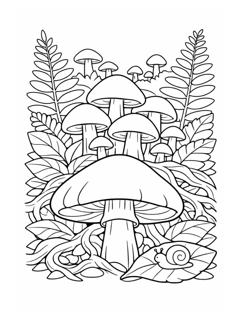 snail in mushroom garden coloring page featuring a large mushroom, leafy plants, and a small snail on a leaf coloring page