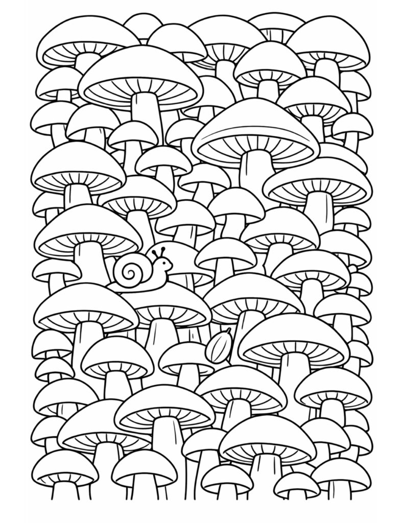 snail in mushroom patch coloring page with many layered mushroom caps and a tiny hidden snail, coloring page