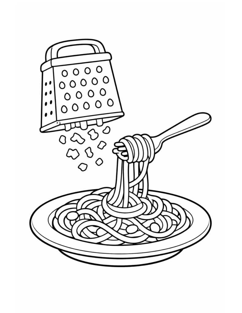 spaghetti twirled on fork coloring page with a fork lifting noodles and a cheese grater sprinkling bits coloring page