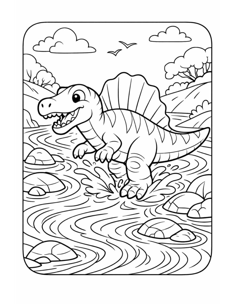 spinosaurus splashing in river coloring page with a smiling sail backed dinosaur splashing among rocks coloring page