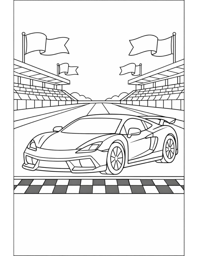 sports car at finish line coloring page with a racetrack grandstands and waving flags coloring page