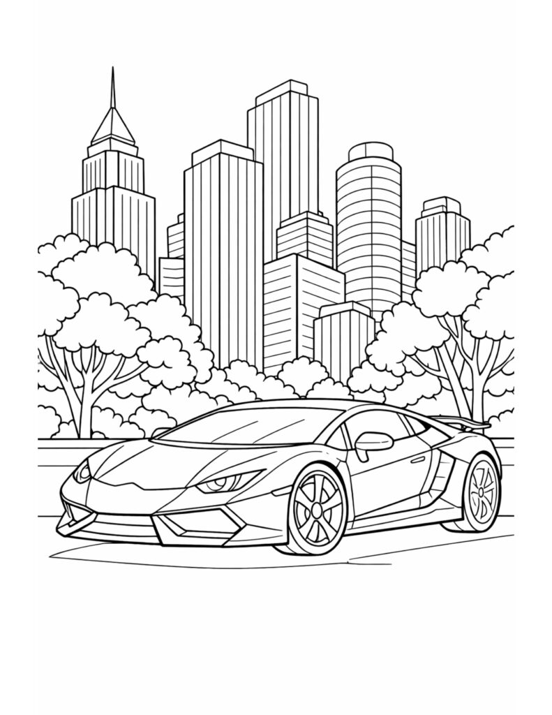 sports car in city park coloring page with a sleek supercar in front of tall city buildings and leafy trees coloring page