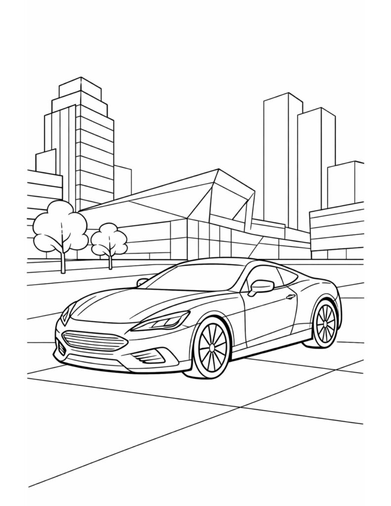 sports car in city street coloring page featuring a sleek coupe in front of tall buildings coloring page