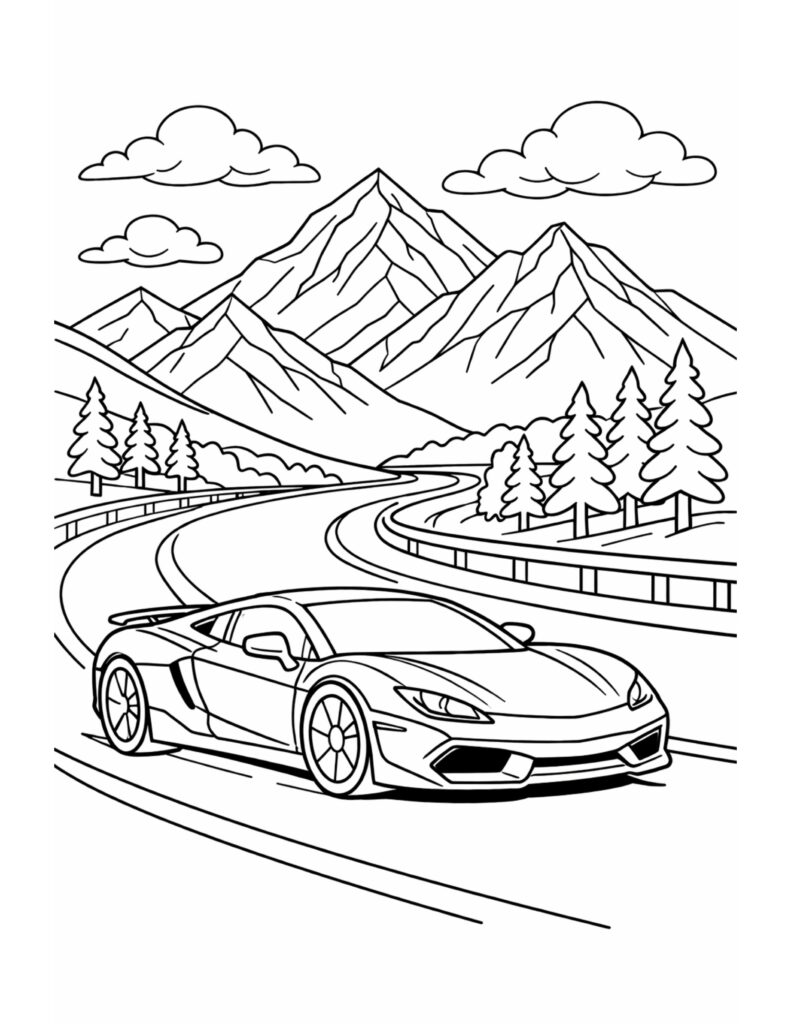 sports car on mountain road coloring page with a winding road, tall mountains, and pine trees coloring page