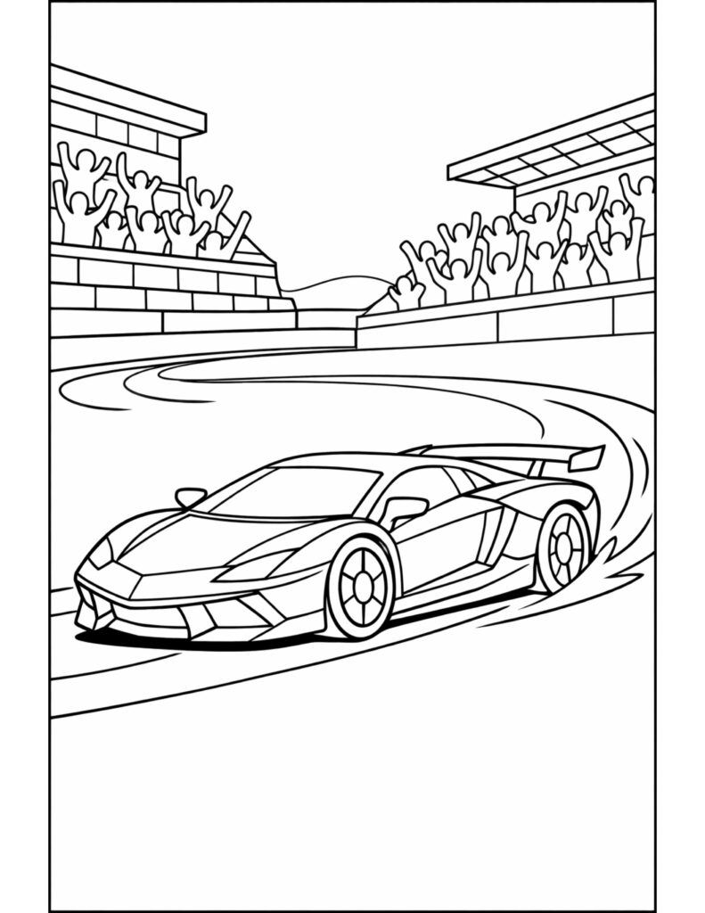 sports car racing track coloring page with a fast car drifting on a curved racetrack and crowd stands coloring page