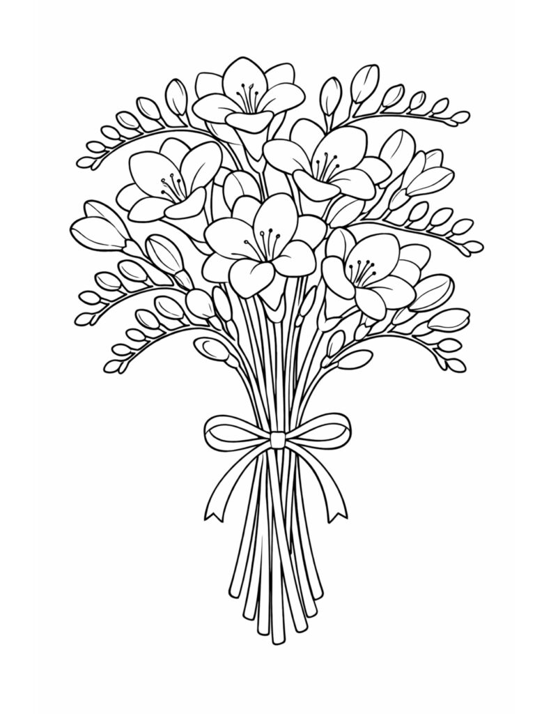 spring blossom bouquet with ribbon coloring page featuring open blossoms, curved bud sprigs, and a bow coloring page