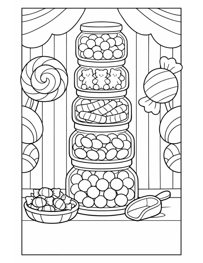 stacked candy jars in shop coloring page with tall jar tower, lollipops, candy bowl, and scoop coloring page