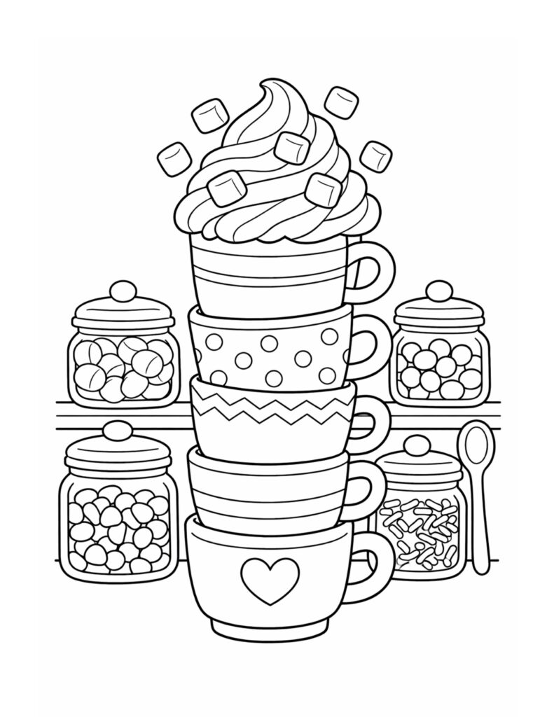 stacked mugs with marshmallows coloring page showing a cozy pile of cups with whipped topping