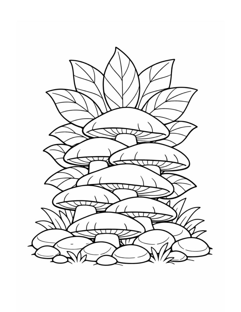 stacked mushrooms with leafy backdrop coloring page with layered caps, big leaves, stones, and grass coloring page
