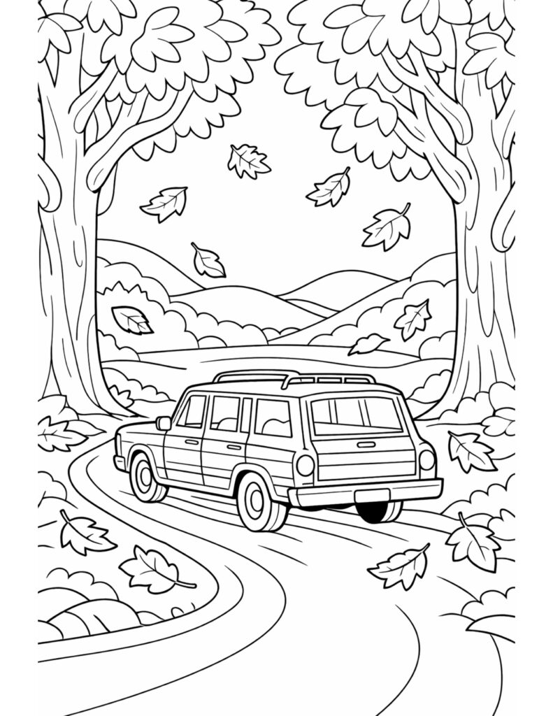 station wagon on leafy road coloring page with a car on a winding forest road and falling leaves coloring page