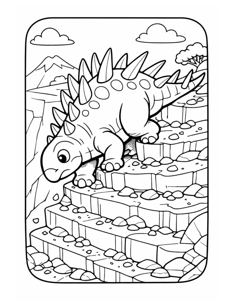 stegosaurus climbing rocky steps coloring page with a spiky dino on stone steps in a mountain scene coloring page