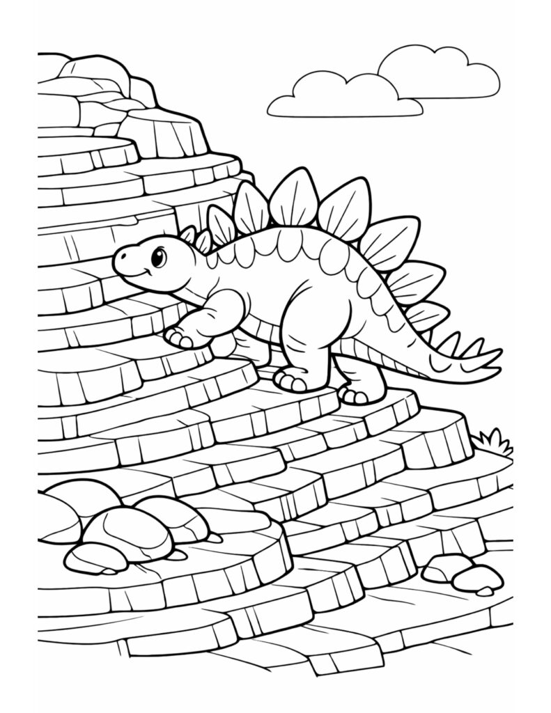 stegosaurus climbing rocky steps coloring page with a cute stegosaurus on layered cliff rocks under clouds