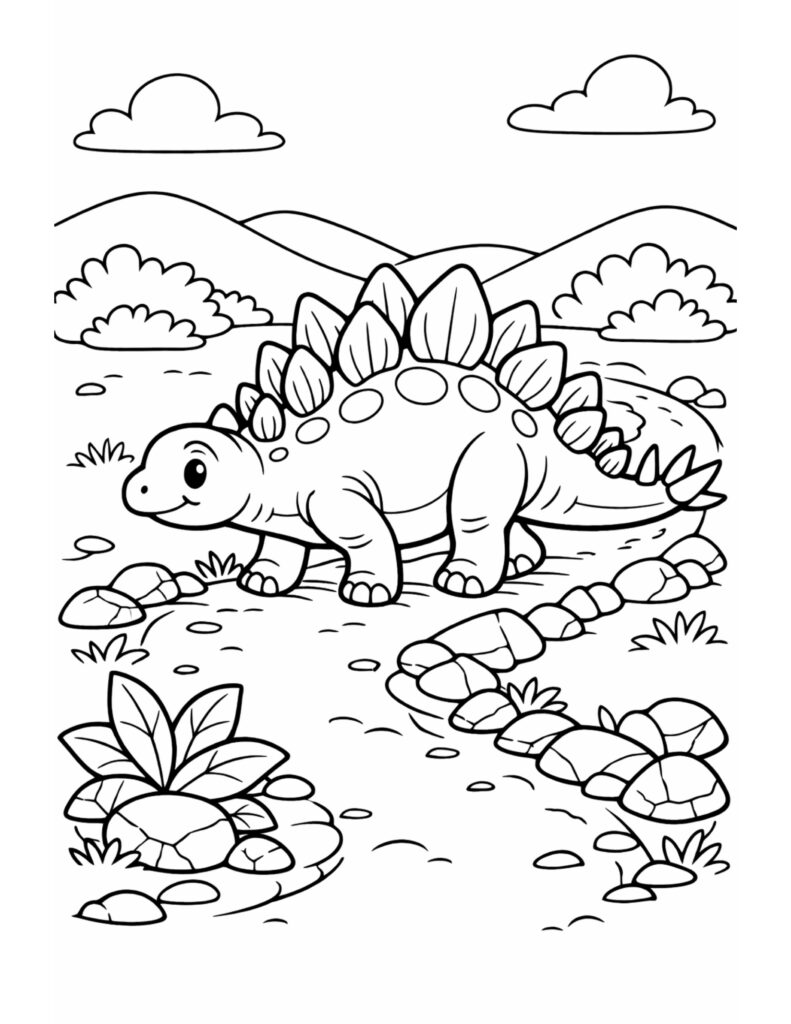 stegosaurus walking on a path coloring page in a calm landscape with hills, clouds, rocks, and plants coloring page