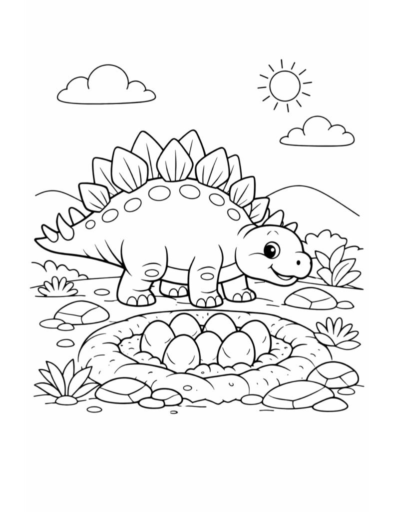 stegosaurus watching egg nest coloring page featuring a smiling stegosaurus beside a round nest of eggs coloring page