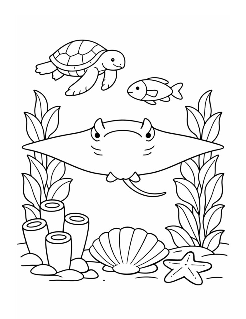 stingray swimming with turtle coloring page showing a stingray, sea turtle, fish, sea plants, and shells coloring page