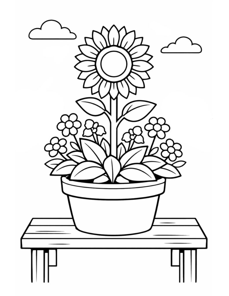 sunflower in pot on table coloring page with a tall sunflower, small blossoms, and clouds coloring page