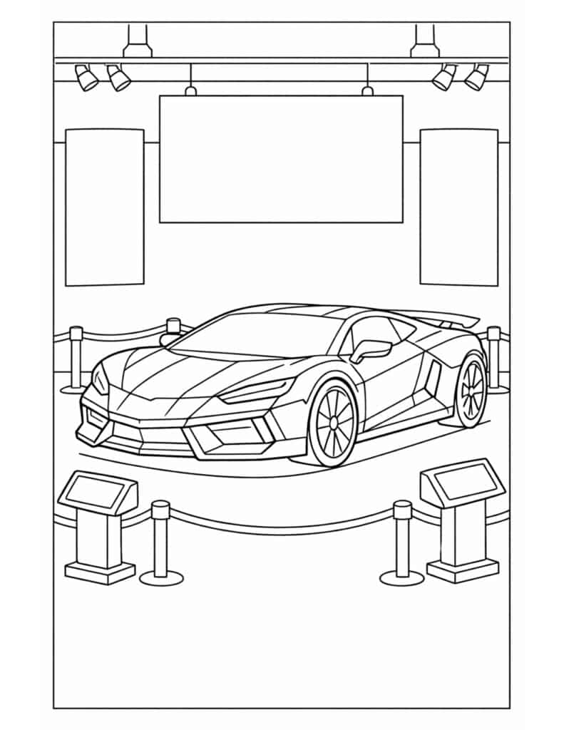 supercar on showroom display coloring page with spotlights, rope barriers, and display stands, clean exhibit coloring page