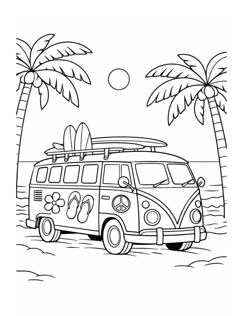 surf van on a beach coloring page with palm trees, surfboards, and a retro van coloring page