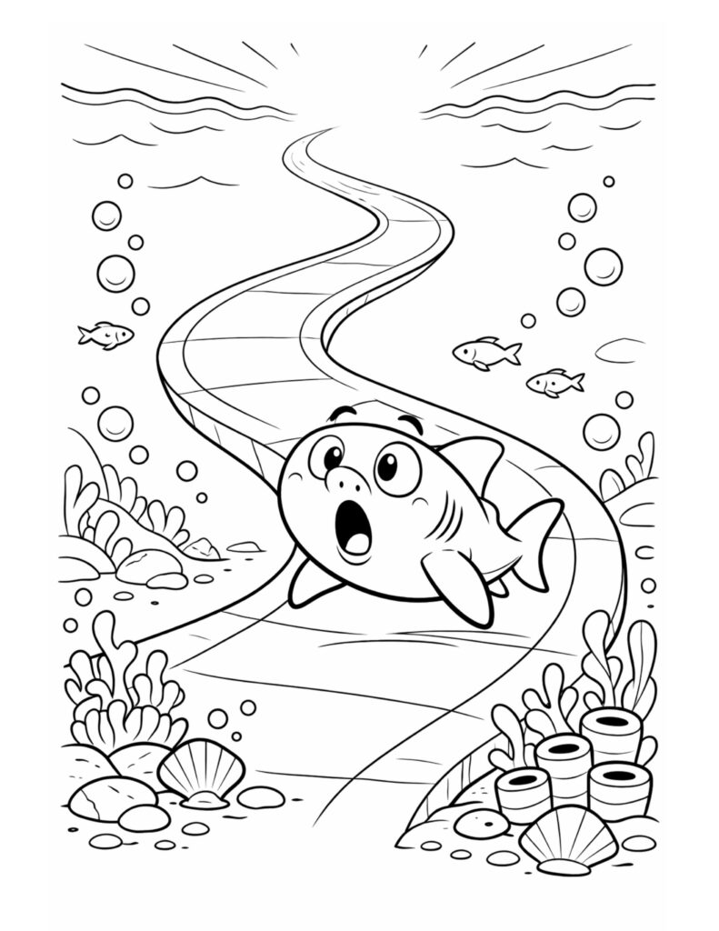 surprised shark swimming along path coloring page with a winding underwater scene