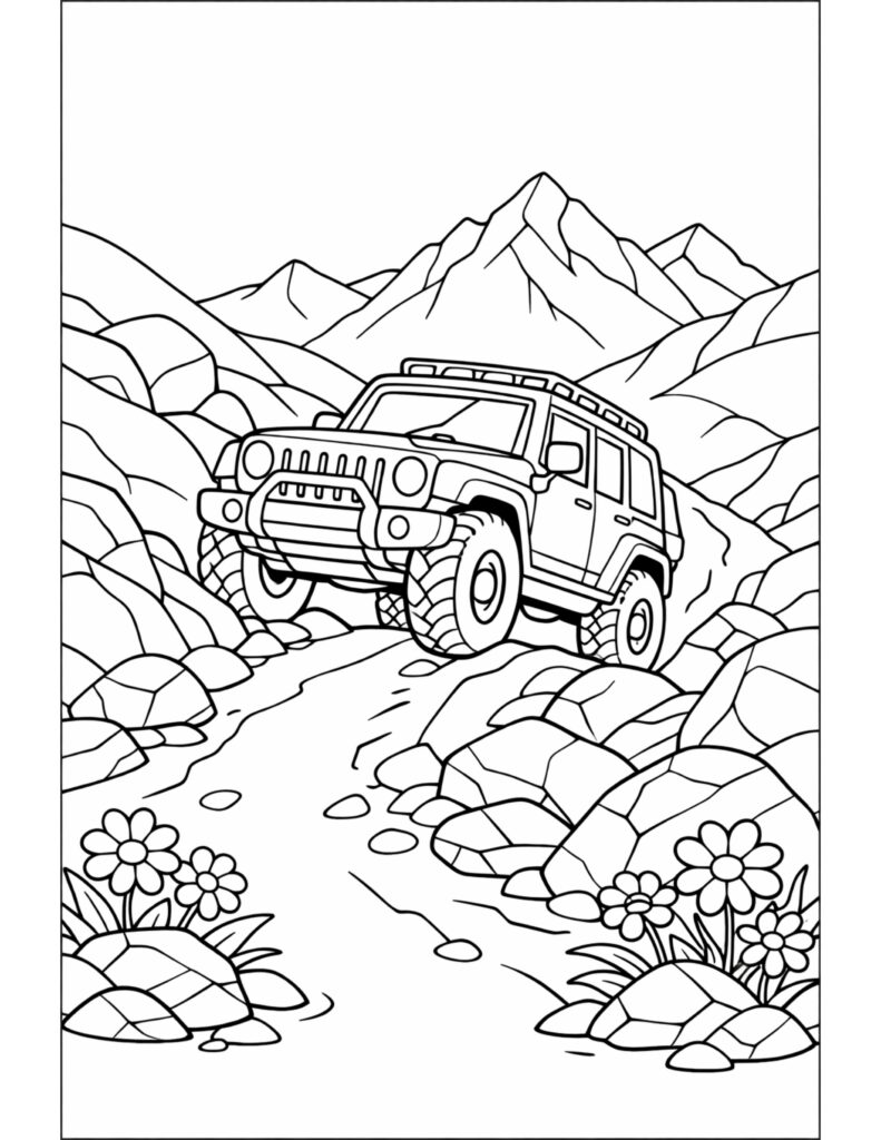 suv on rocky mountain trail coloring page with a 4x4 driving through rocks and mountains coloring page