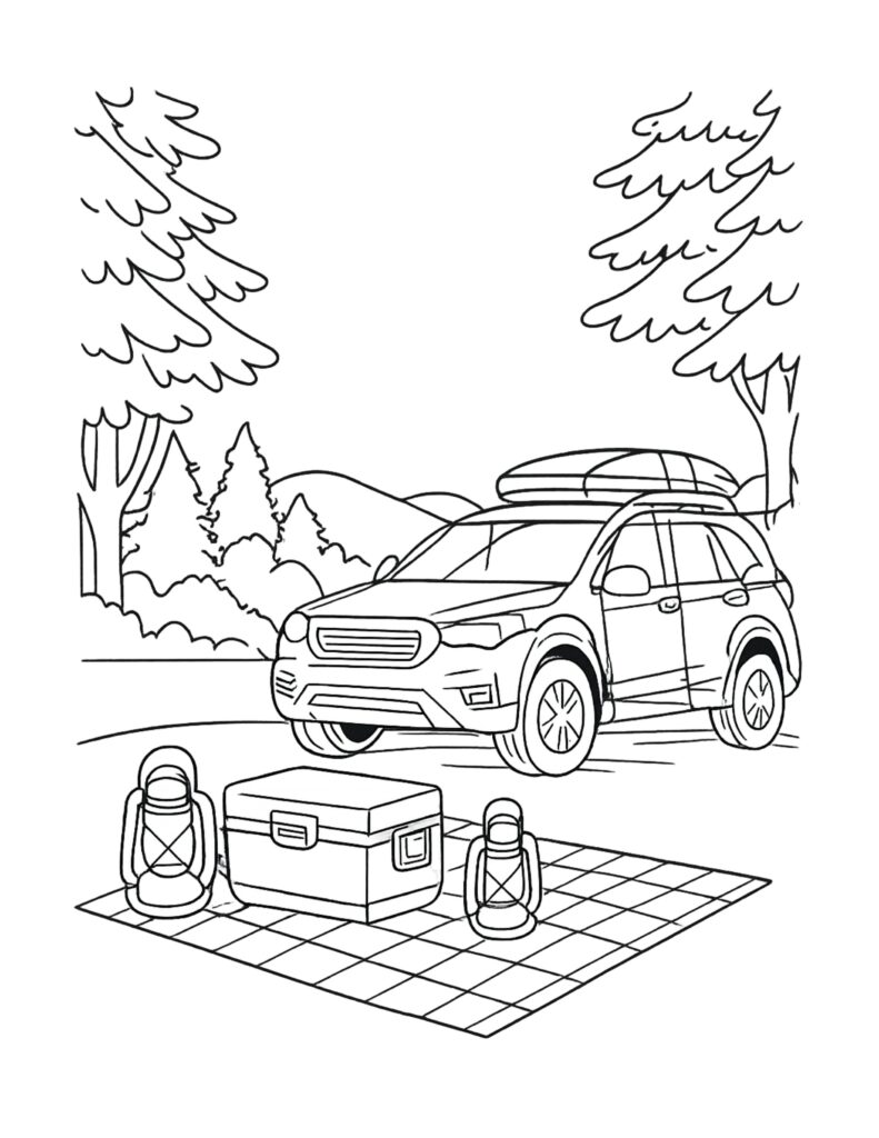 suv parked at campsite picnic coloring page showing an SUV with roof box, picnic blanket, cooler, and lanterns coloring page