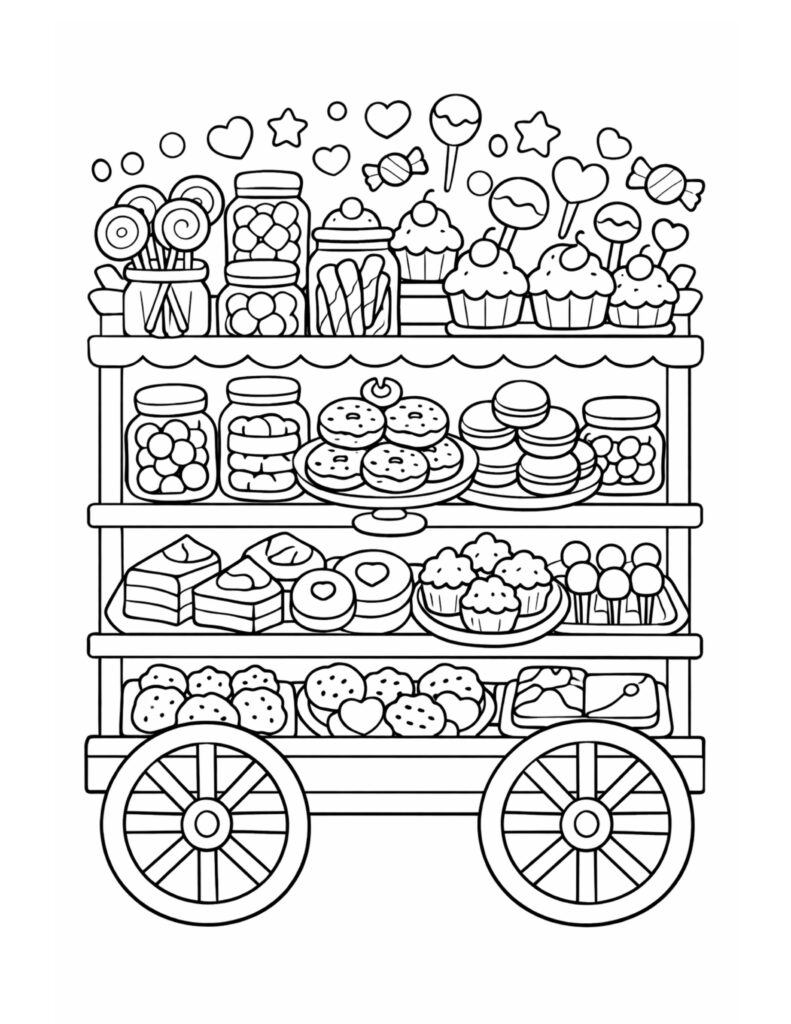 sweet candy cart display coloring page with a wheeled dessert cart, jars, cupcakes, donuts, and lollipops coloring page