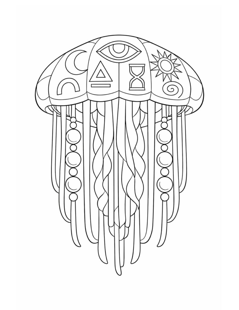 symbolic jellyfish with sacred symbols coloring page featuring a patterned jellyfish with eye sun moon motifs coloring page