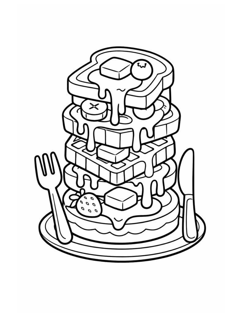 syrupy waffle stack on plate coloring page with dripping syrup, butter cubes, berries, and utensils coloring page