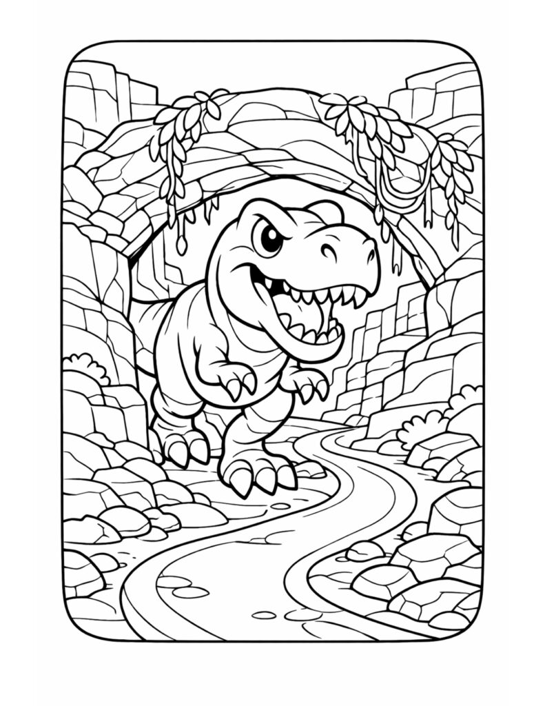 t rex emerging from cave coloring page with rocky walls, river path, and jungle plants